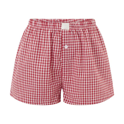 Women’s Y2K Retro Cleanfit Plaid Print Elastic Low Waist Button Front Aesthetic Loungewear Loose Shorts Boxers Streetwear