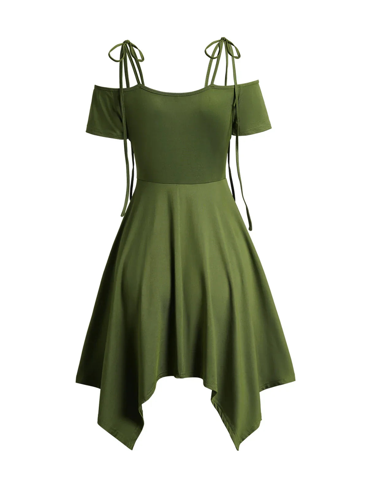 Women's Dress Cold Shoulder Lace Up Asymmetric Dress Tie Knot Shoulder Chain Solid Color Short Sleeve Dress