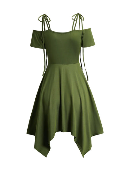 Women's Dress Cold Shoulder Lace Up Asymmetric Dress Tie Knot Shoulder Chain Solid Color Short Sleeve Dress