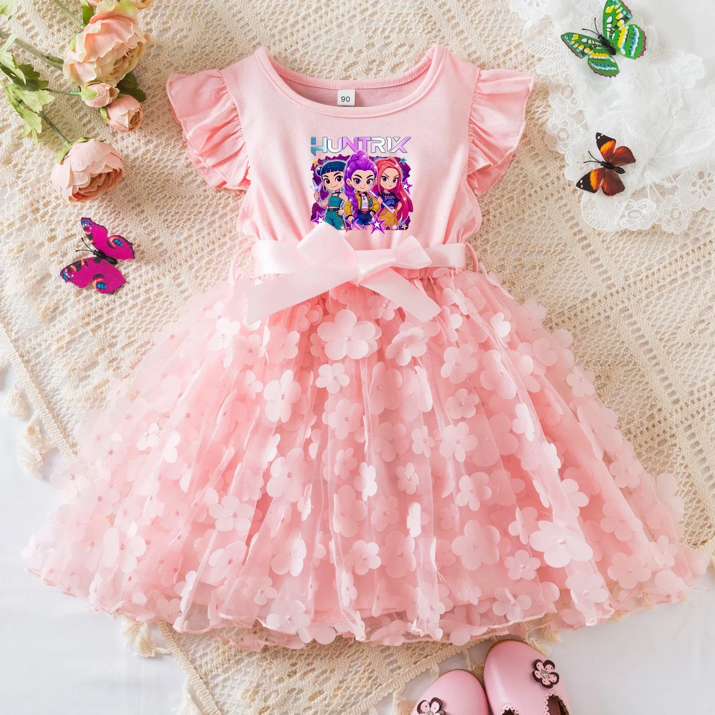Mira Rumi Girls Summer Dress Cartoon Bow Tutu Dress 3D Butterfly Cotton Party Casual Dress for Baby 2-6 Y