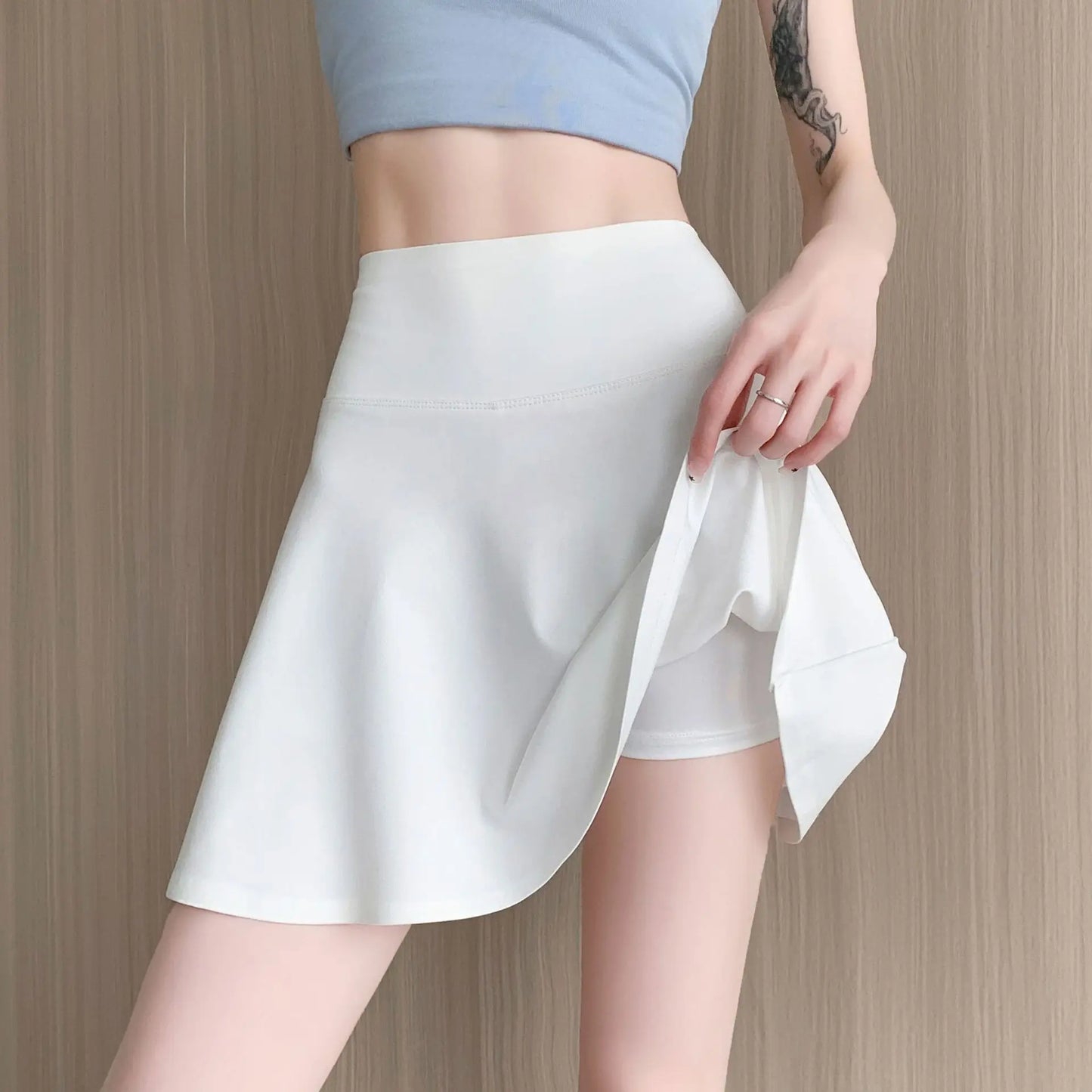 Women Summer Fake Two Pieces Sports Skirt Anti-Chafing Anti-Slip Tennis Badminton Yoga Skirt Pleated White Mini Skirt  Running