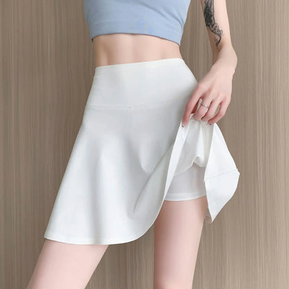 Women Summer Fake Two Pieces Sports Skirt Anti-Chafing Anti-Slip Tennis Badminton Yoga Skirt Pleated White Mini Skirt  Running