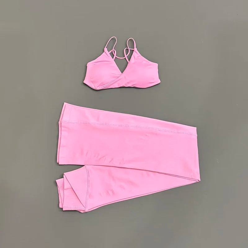 2Pcs Sports Set Women Seamless Front Tie Crossover Bra Crossover Waist Flare Leggings Sets Gym Fitness Workout Sports Sets