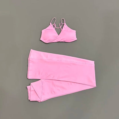2Pcs Sports Set Women Seamless Front Tie Crossover Bra Crossover Waist Flare Leggings Sets Gym Fitness Workout Sports Sets