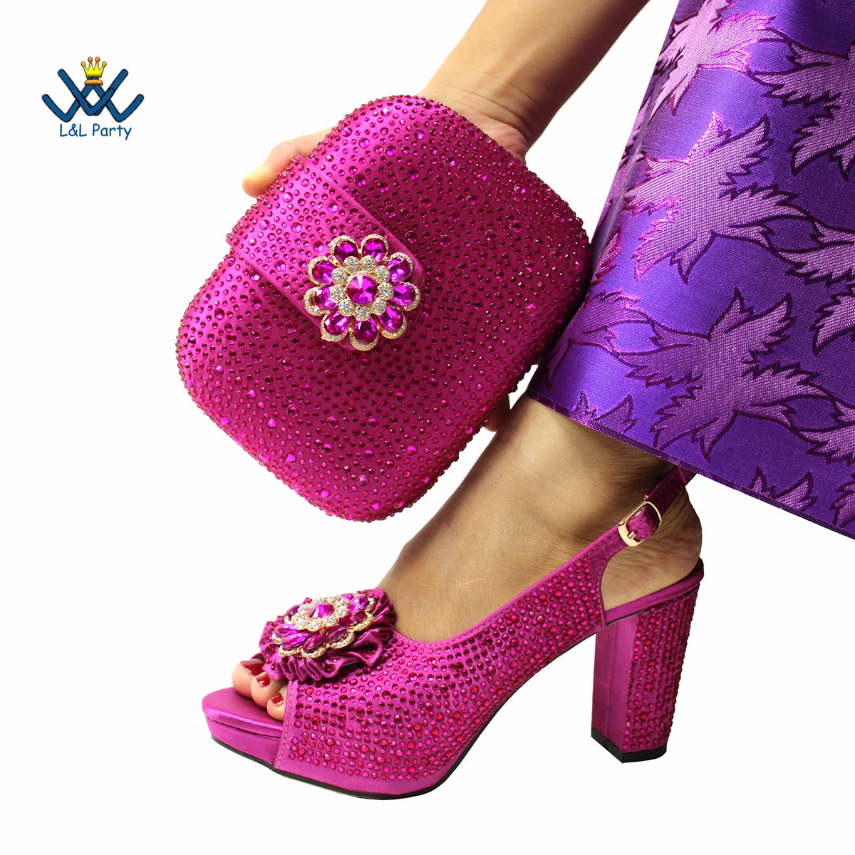 Special Design Women Crystal Style African Ladies Party Shoes Matching Bag in Magenta Color