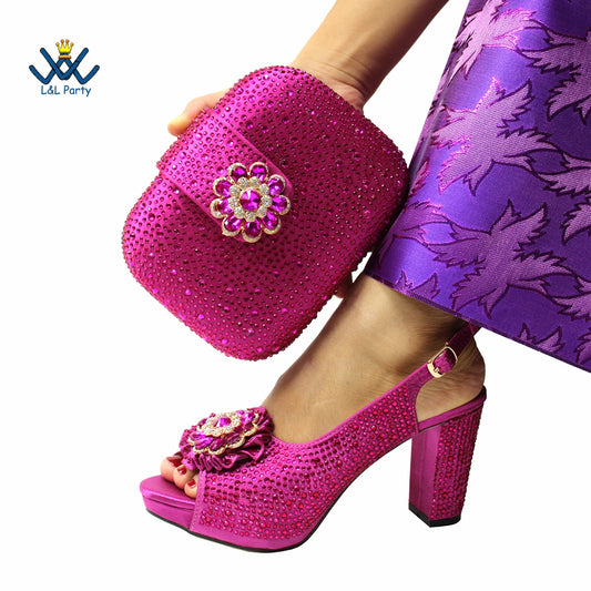 Special Design Women Crystal Style African Ladies Party Shoes Matching Bag in Magenta Color