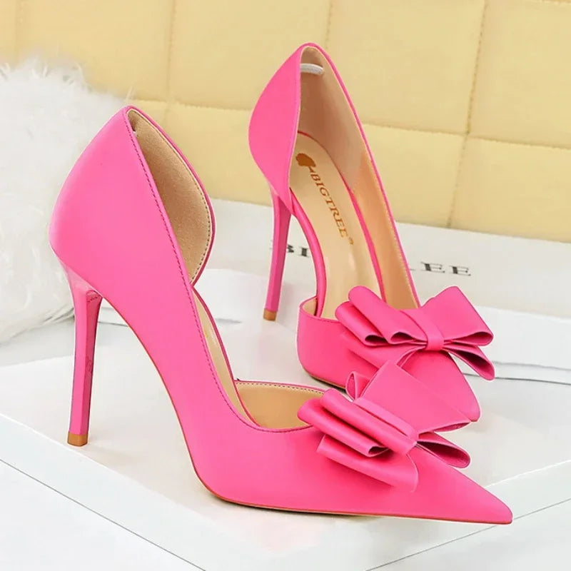 2024 Women 10.5cm High Heels Sweet Korean Side Hollow Pumps Lady Party Purple Green Kawaii Bowknot Heels Prom Silk Satin Shoes
