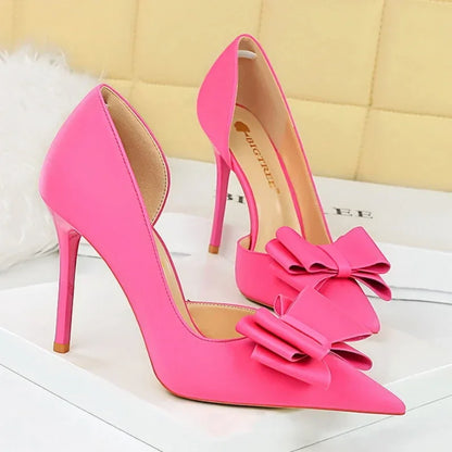 2024 Women 10.5cm High Heels Sweet Korean Side Hollow Pumps Lady Party Purple Green Kawaii Bowknot Heels Prom Silk Satin Shoes