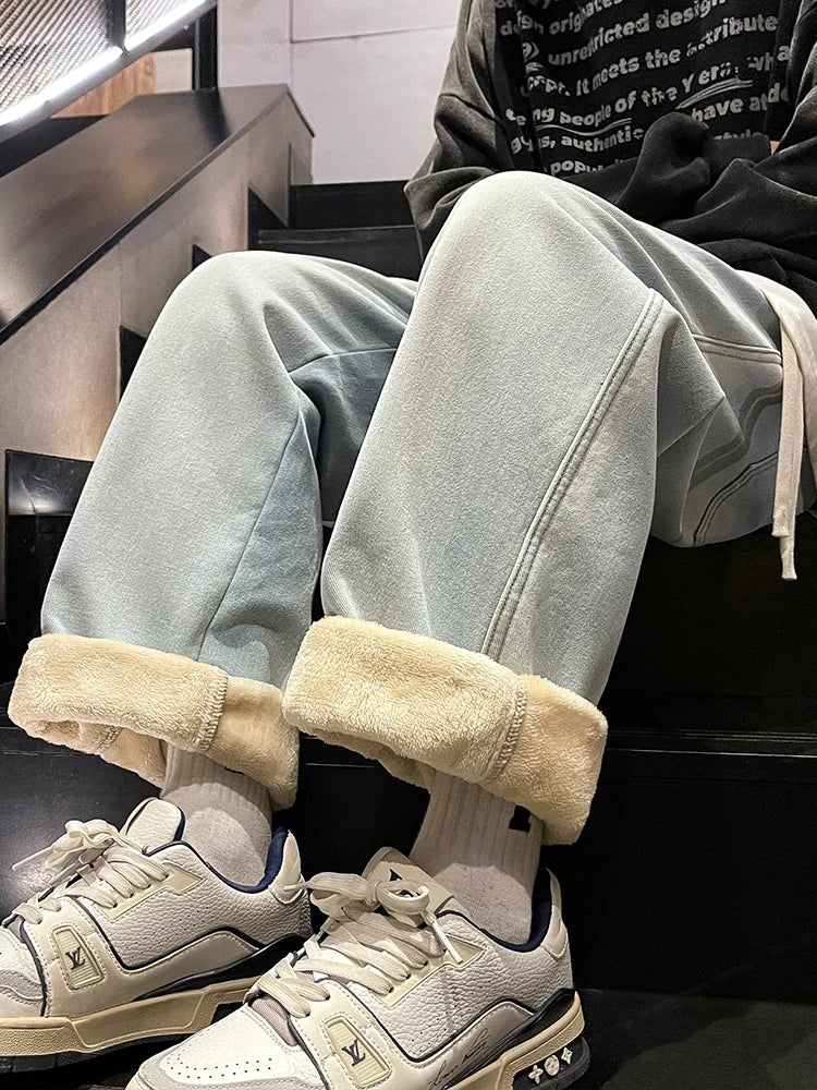Calça Jeans Masculina de Inverno Coreana Forrada com Lã Grossa Quente Reta Denim Lavado Algodão Azul Retrô Larga Pantalona