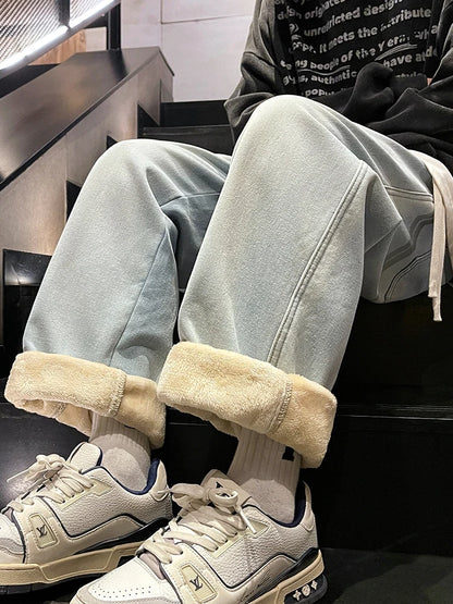 Calça Jeans Masculina de Inverno Coreana Forrada com Lã Grossa Quente Reta Denim Lavado Algodão Azul Retrô Larga Pantalona