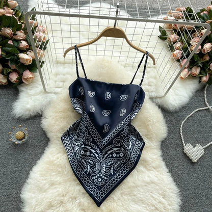 Women Sexy Backless asymmetrical lace-up Camis Print Tank Top Chic One-piece Corset Bustier Summer Beach vacation Crop Top