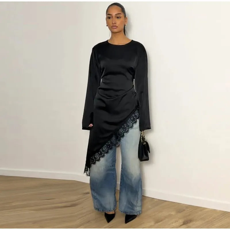 Women's Satin Blouse With Lace Trim Fashion O-neck Long Sleeve Lace Up Waist Irregular Tops 2026 Spring New Chic Lady Streetwear