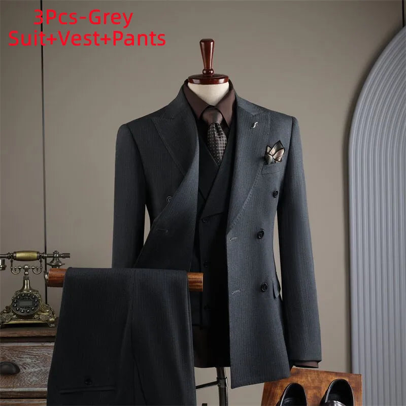Terno Masculino de Alta Qualidade Formal Social Slim Fit Abotoamento Duplo Listrado Conjunto de Terno Noivo Casamento Roupa de Festa Smoking Roupa Masculina