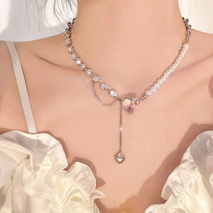 Y2K Accessories Fashion Peach Heart Water Drop Pendant Necklace Pink Crystal Egirl Sweet Cool Clavicle Chain Aesthetic Jewelry