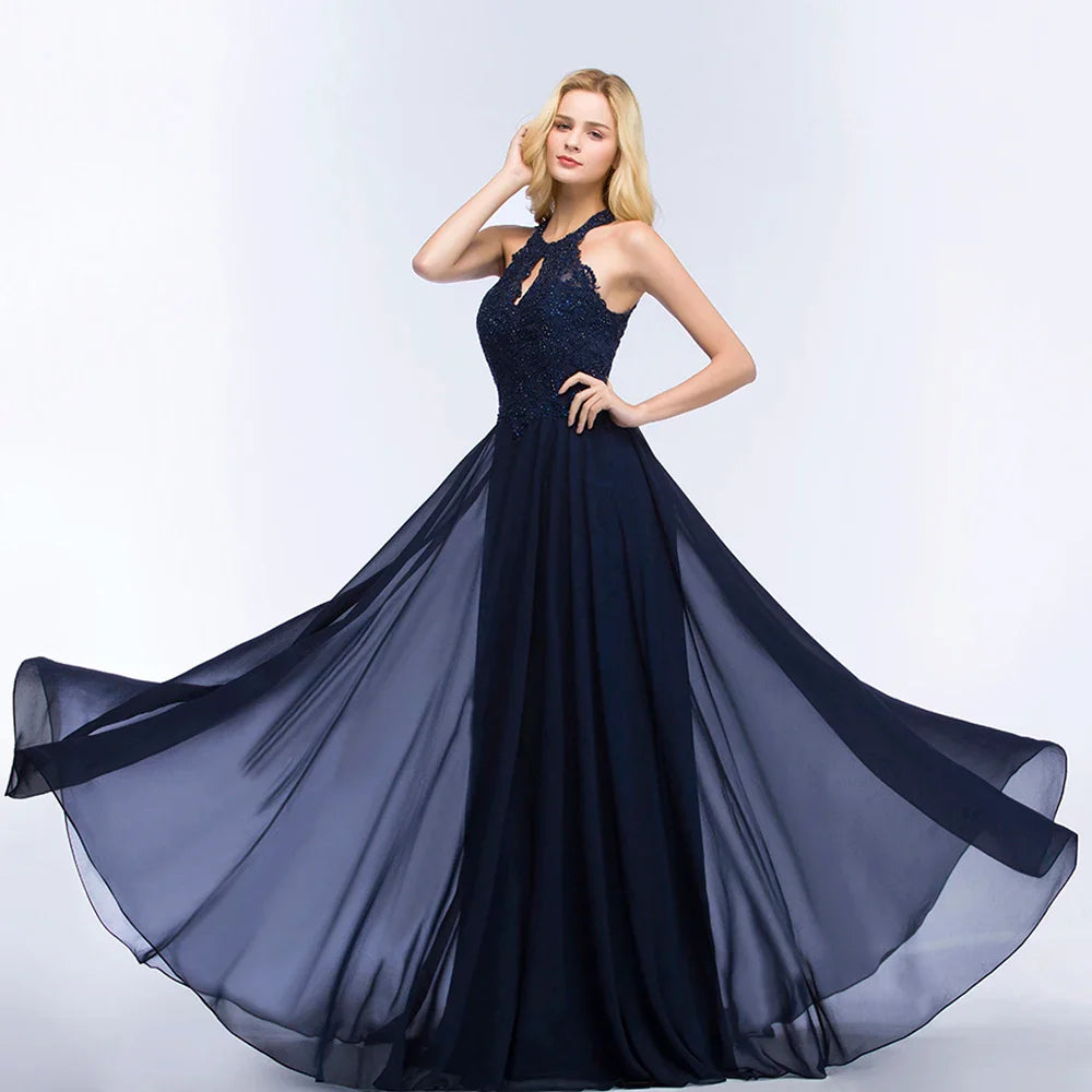 Vestido de Madrinha com Gola Halter Renda Pérolas Corpete Saia Longa até o Chão Chiffon Sexy Costas Abertas Roupa de Casamento
