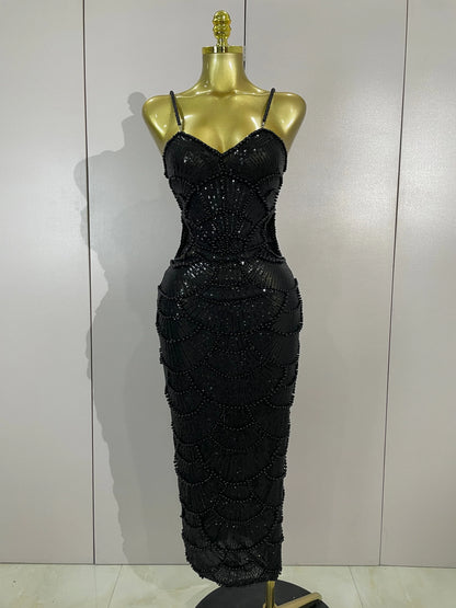 Women Hot Sale Sleeveless Sexy Strap Pearl Beading Sequins Bodycon Long Dress Celebrate Evening Party Birthday Outfit Vestido