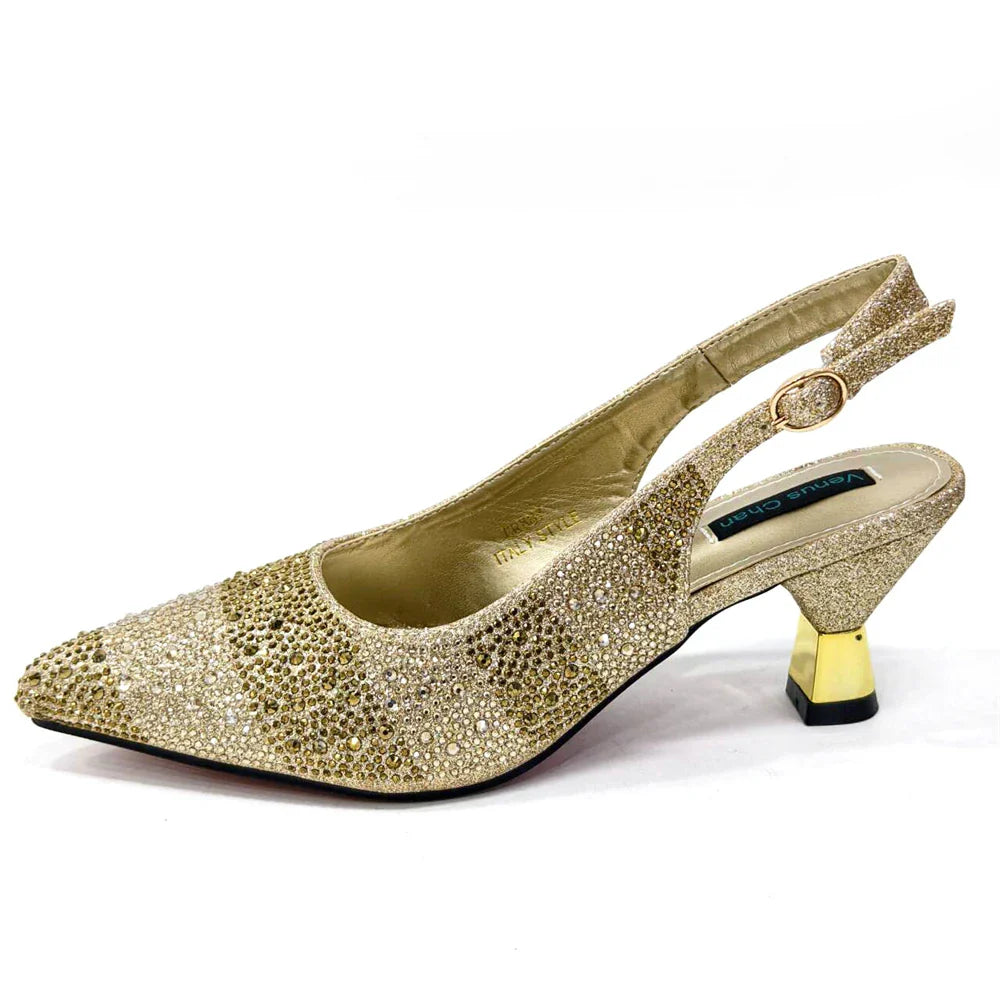 Pointed-Toe Luxury Style High Heels Sandal With Bag Set in Gold Color For Wedding Party Women