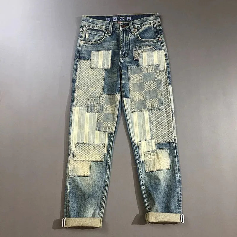 Autumn and Spring New Fashion Trend Printed Ripped Straight Leg Jeans Men's Casual Loose Vintage Sports High-grade Denim Pants