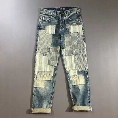 Autumn and Spring New Fashion Trend Printed Ripped Straight Leg Jeans Men's Casual Loose Vintage Sports High-grade Denim Pants