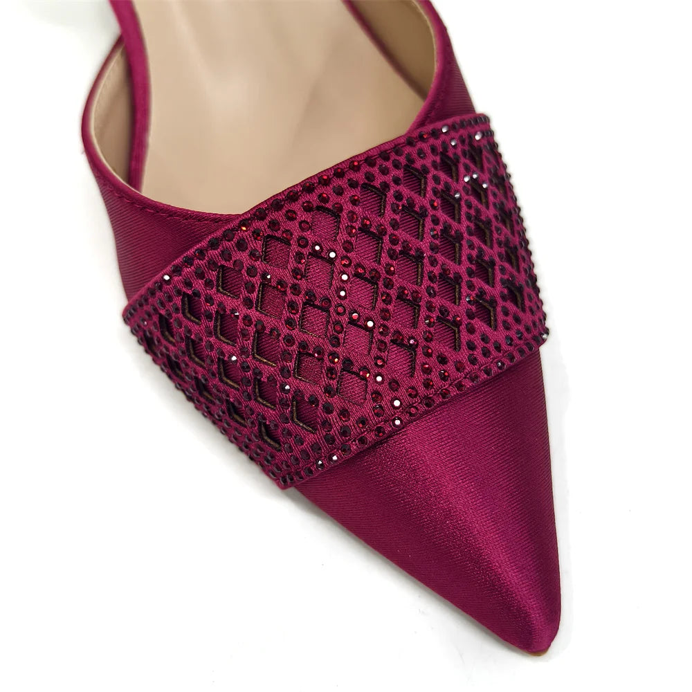 Elegant Nigerian Women’s Wine Colour Heeled Shoes and Rhinestone Handbag Set – Italian Design for Parties and Weddings