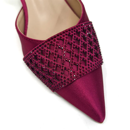 Elegant Nigerian Women’s Wine Colour Heeled Shoes and Rhinestone Handbag Set – Italian Design for Parties and Weddings