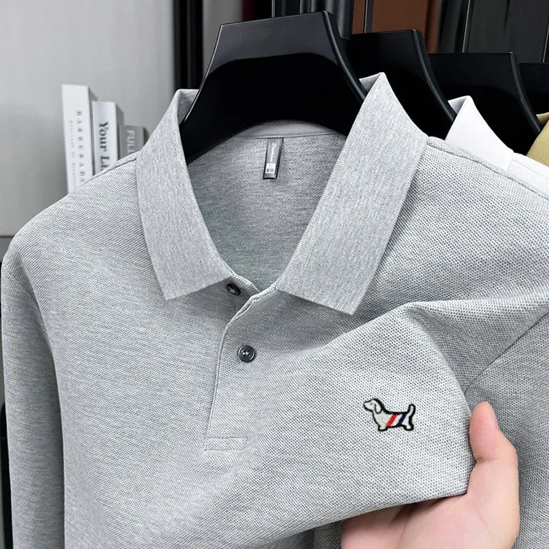 Fashion brand autumn new men's top casual warm 100% cotton long sleeved Polo shirt