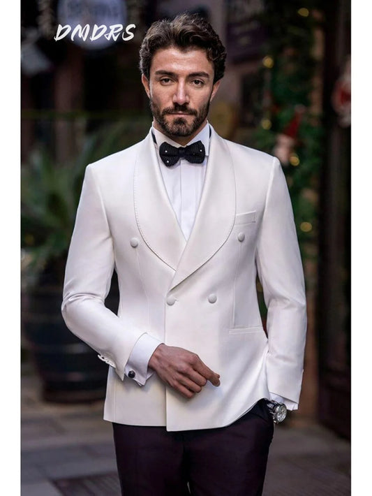 Handsome White Suit For Men Wedding Elegant Double Breasted Suits Formal Groom Suit Set Classic Jacket Vest Pants Wedding Suits
