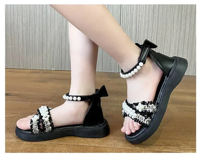 Children's Sandals Summer Girls Princess Causal Bowtie Roman Sandals Fashion Sweet Kid Party Non-slip Open-toe Sandals Hook Loop