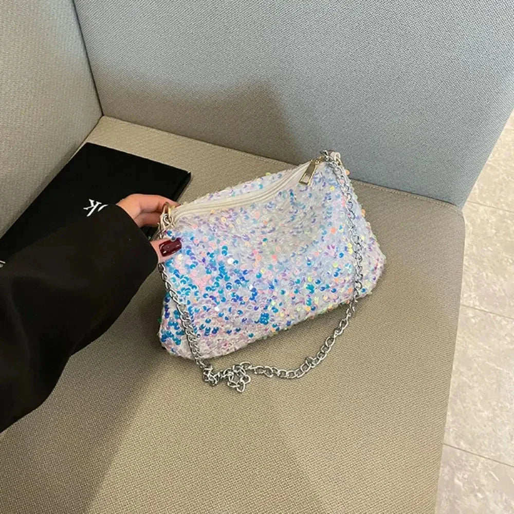 Solid Color Sequins Crossbody Bag Simple Chain INS Small Square Bag Handbag Underarm Bag Evening Clutch Bag Female
