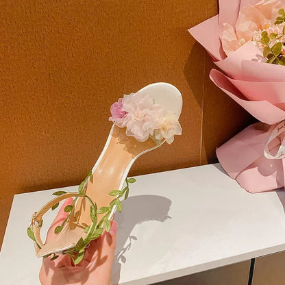 Summer Pink Sweet Chiffon Flower Dream High Heels Lace up Sandals Wedding Banquet Women's Shoes