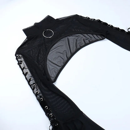 Black Mesh T-shirt Gothic Street Lace-up Punk Ring Flared Sleeves Eyelet Pullover Outer Harajuku Vintage Women Top