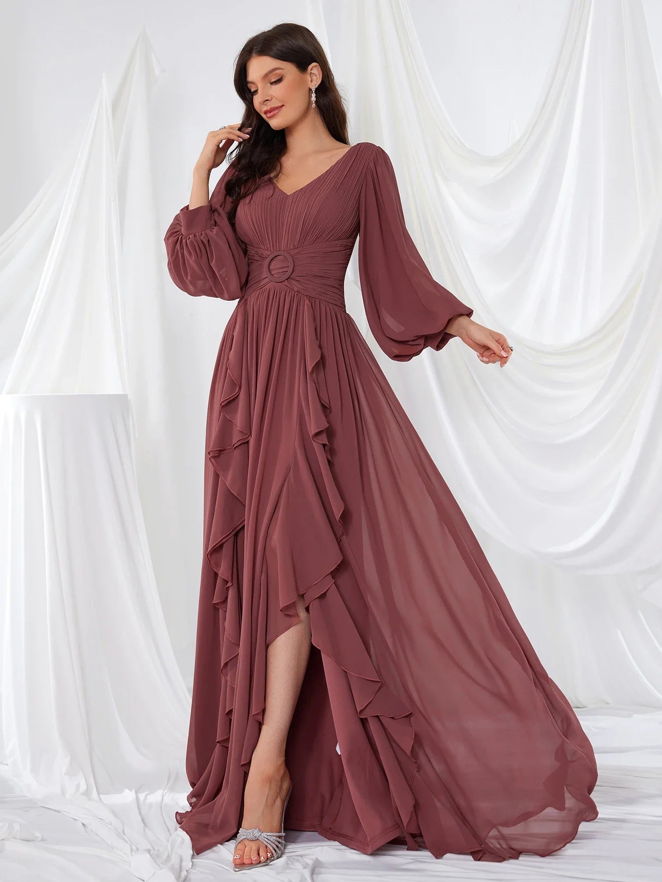 Women's V-Neck Long Sleeve Chiffon Dress Split Bridal Maids Maxi Gown