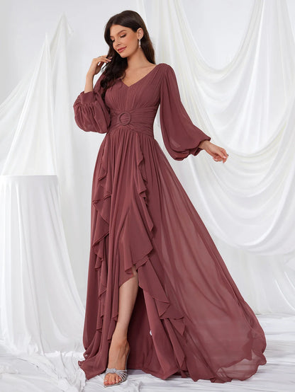 Women's V-Neck Long Sleeve Chiffon Dress Split Bridal Maids Maxi Gown