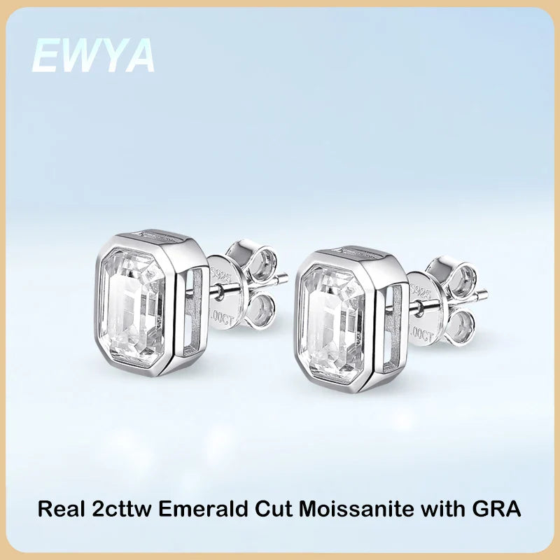 New In 2cttw D Color Emerald Cut Moissanite Stud Earrings for Women S925 Silver Rhodium Plated Diamond Earring Fine Jewelry