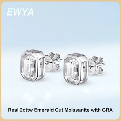 New In 2cttw D Color Emerald Cut Moissanite Stud Earrings for Women S925 Silver Rhodium Plated Diamond Earring Fine Jewelry