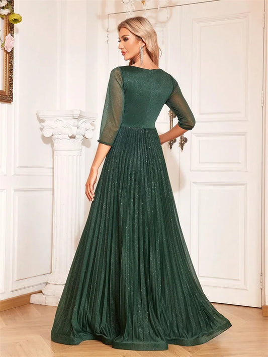 Luxury Long Sleeve Formal Evening Dress Deep V-Neck Floor-Length Gown Women 2024 Chiffon A-line Prom Cocktail Dress