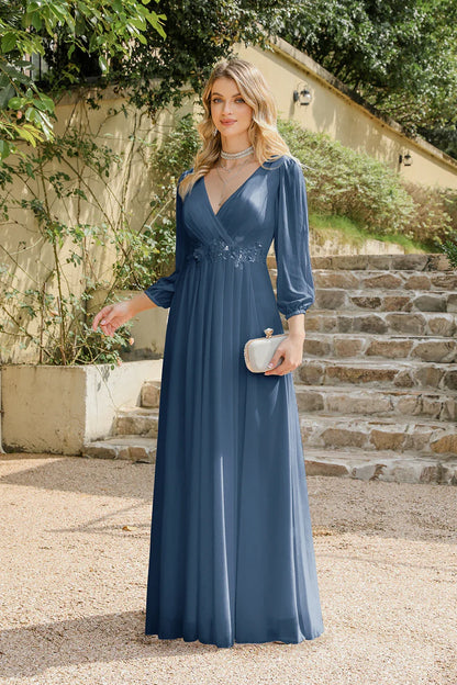 Vestido de Noite de Gola V com Apliques de Renda e Saia Evasê de Chiffon Elegante com Mangas Fendidas para Festas de Casamento 2025