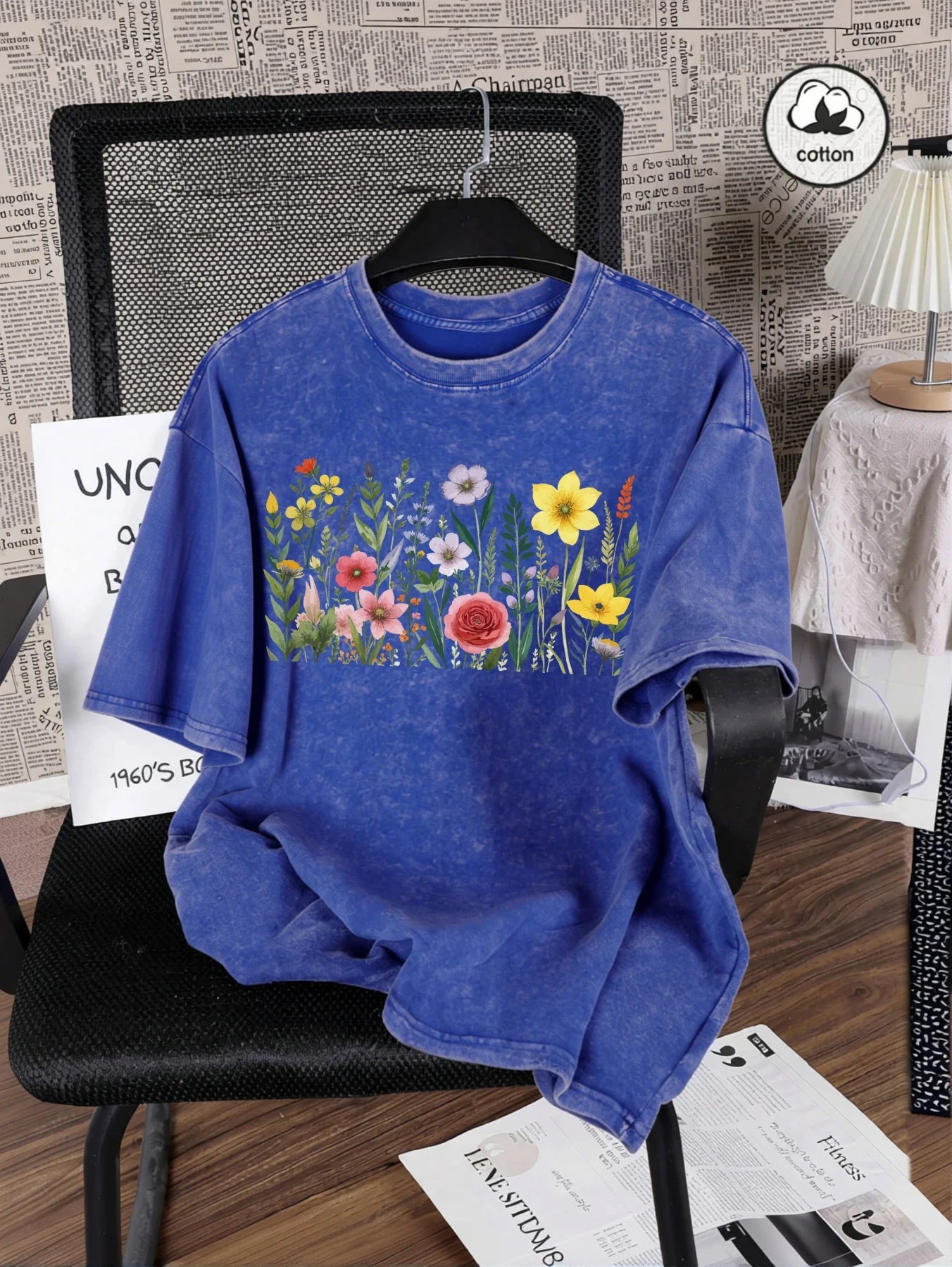 Rich Colors Simple Flowers Print Washed Female T-Shirt Summer Breathable T-Shirt Cotton Soft Short Sleeve All-Match Streetwear