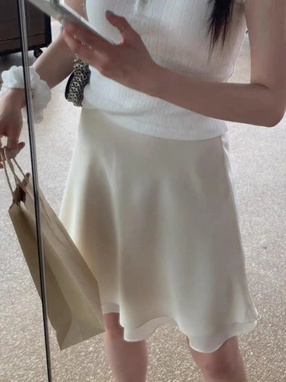 Elegant Satin Women Skirts Solid Zipper Faldas Mujer Ladies Double-layer Casual Chic Black White Dot Mini Skirt Korean Summer