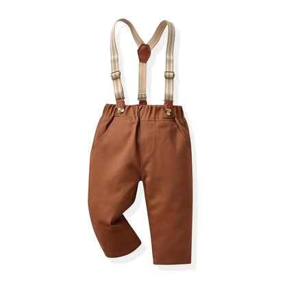 Boy Autumn Cotton Long Sleeve Plaid Shirt and Strap Pants Set Boys' Strap Pants Set Boy Red Pants and Shirts for 70cm-160cm