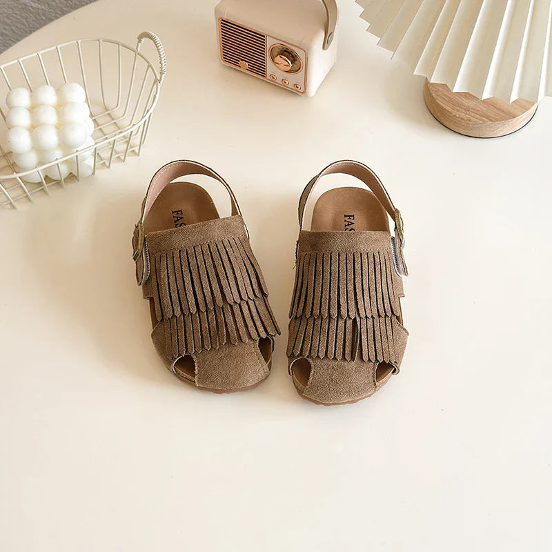 2025 Summer New Girls' Sandals Korean Style Tassel Princess Shoes Frosted Leather Hollow Sandals Comfortable 23-31