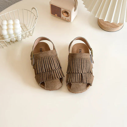 2025 Summer New Girls' Sandals Korean Style Tassel Princess Shoes Frosted Leather Hollow Sandals Comfortable 23-31