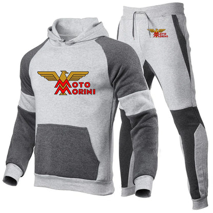 2024 Spring Autumn Men's Moto Morini Logo Print Sports Splicing Cotton Hooded Tracksuit+Jogging Sweatpants Trend Comfortable Set