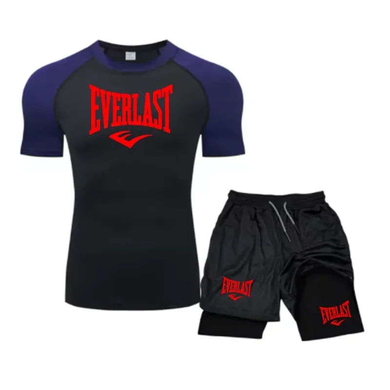 Men's Compress Shirt + 2-in-1 sports shorts 2pcs Set Leisure Breath Short Sleeve Sport Jogging Gym Brand Print Clothing