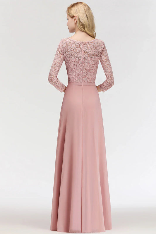 Women 3/4 Long Sleeve Evening Dresses Sexy Illusion Floral Lace O-Neck Sashes Prom Gown Chiffon A-Line Maxi Formal Party Vestido