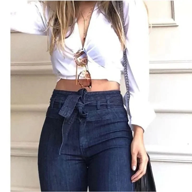 Women Denim Tie Waist Flare Jeans