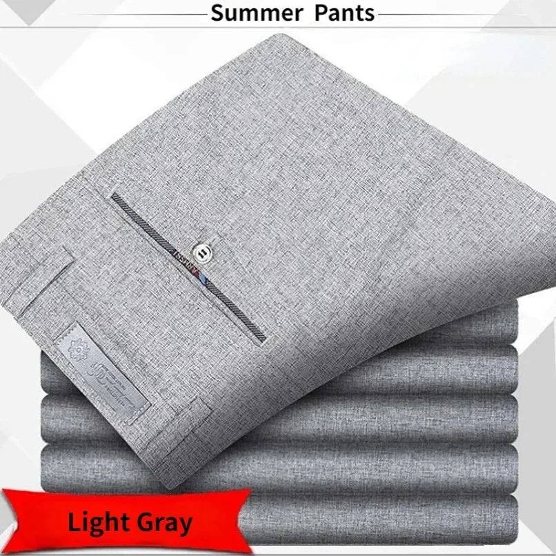 Men's Summer Autumn Casual Pants Straight Formal Long Trouser Adult Solid Color Flat Design Thick Lightweight Suit Pant Business