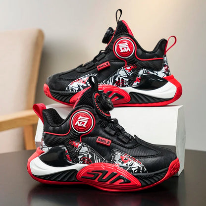 Leather Upper Children Basketball Shoes Rotatory Button Shock Absorbing Boys Shoes