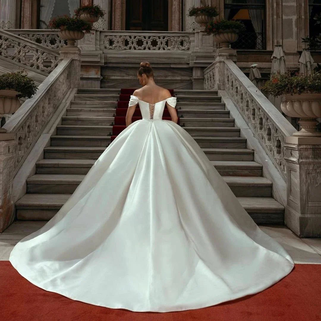 Dresses 2023 Off Shoulder Sweep Train Bride Dress Lace Up Back Satin Wedding Evening Gown Vestido De Novia
