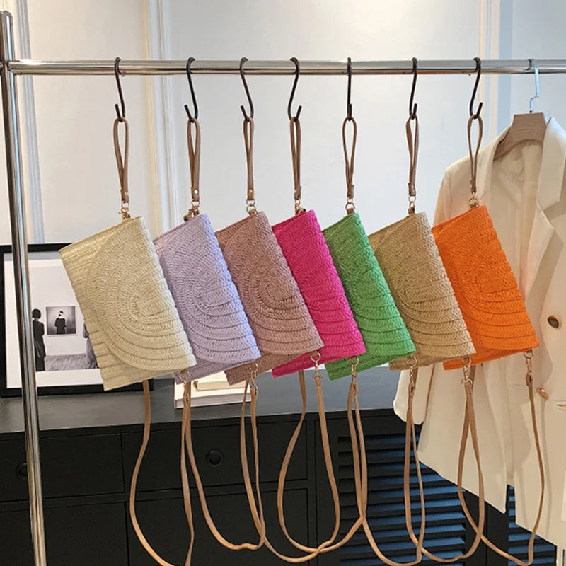 Straw Woven Shoulder Crossbody Bag Beach Clutch Handbag Casual Summer Handmade Envelope Bags for Women Totes Purse